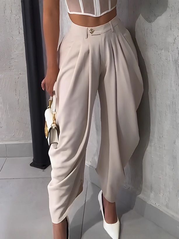Pantalon palazzo taille haute élégant pour femme - Mélange de polyester extensible doux, ourlet asymétrique, confortable pour le bureau et les loisirs (noir/beige/crème)_voghion.com
