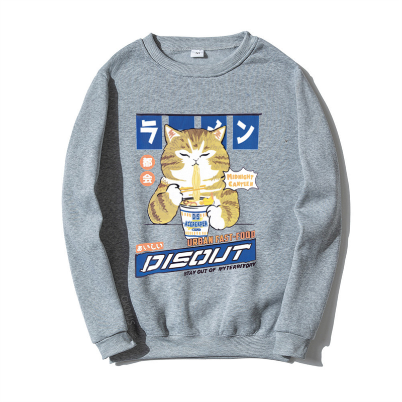 Herbst und Winter Neuer Katzen-Cartoon-Print-Rundhalspullover für Männer und Frauen mit weißem Boden, lässigem Fleece_voghion.com