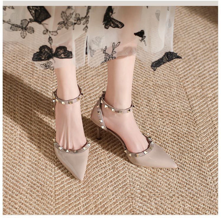 Baotou 2025 Spring And Summer New Thin High Heeled Studded Pointed Toe Straight Roman Hollow Women's Sandals_voghion.com