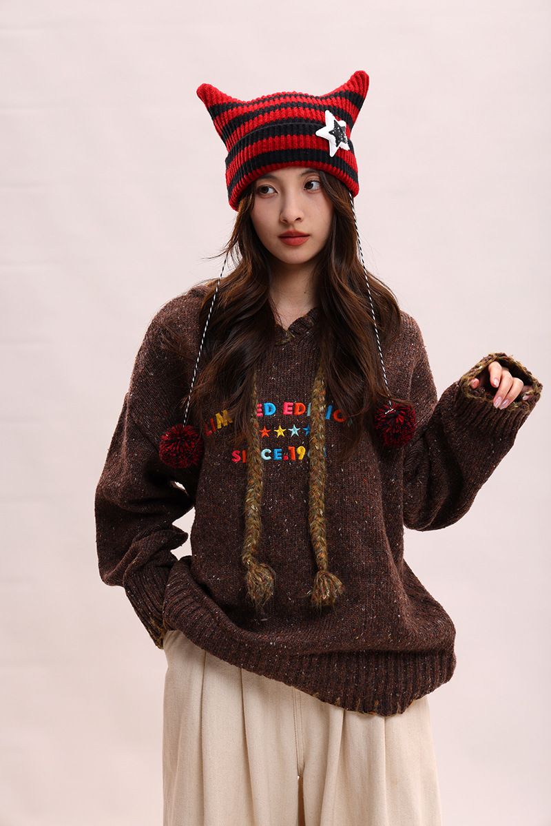 Abi-Stil handgemachte süße Fünf-Sterne-Katzenohrstreifen Dämon Wärme Abdeckung gestrickte Ball Pullover Hut weiblich_voghion.com