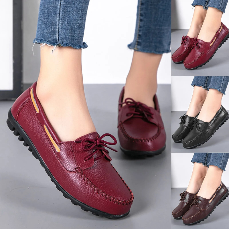 Damen Halbschuhe, weiches Leder, einfarbig, flach, zum Schnüren, modisch, atmungsaktiv, bequem, zum Gehen, Einzelschuhe, große Größe_voghion.com