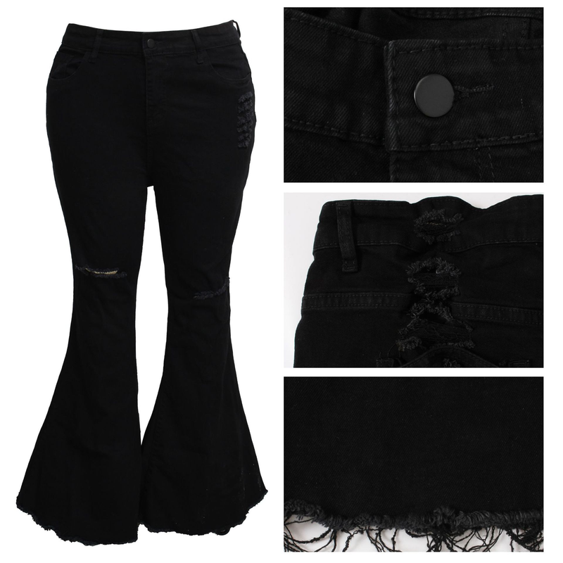Roupas femininas tendência da moda personalidade rasgada calças largas elásticas_voghion.com