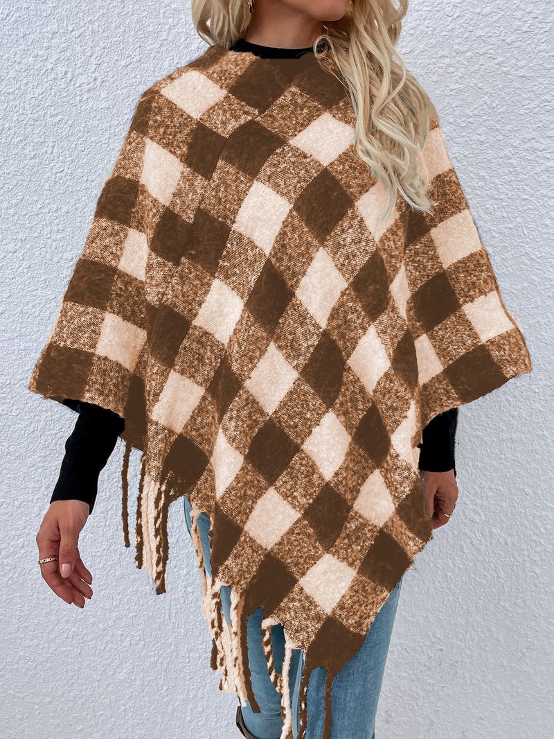 Maglieria da donna maglione a secchiello in pongee con scialle con frange a quadri mille uccelli_voghion.com