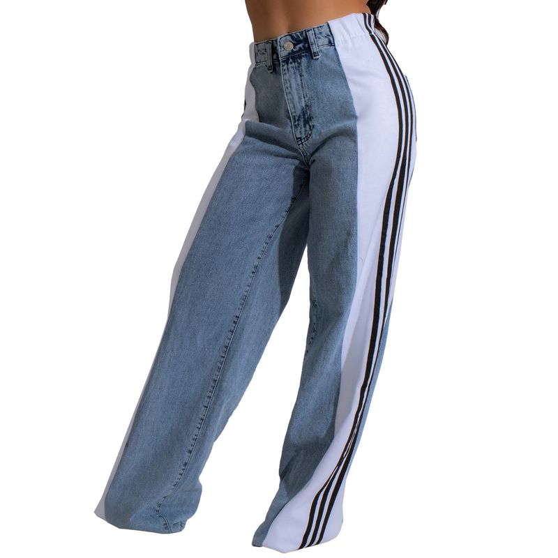 Ropa de mujer Pantalones vaqueros de pierna ancha con tres rayas y empalme de moda de verano Pantalones rectos elásticos de cintura alta informales nuevos para mujer_voghion.com