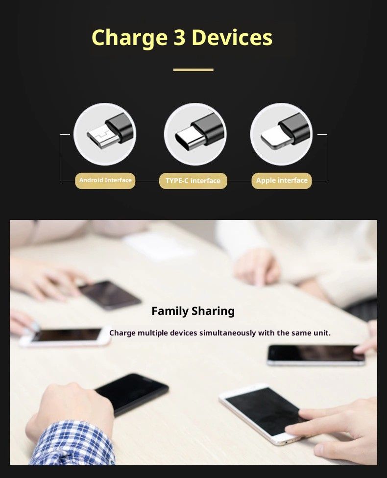 Digitex 1-naar-3 datakabel compatibel met iPhone, Samsung, Huawei, Xiaomi, Android-telefoons 3,2 m oplaadkabel_voghion.com