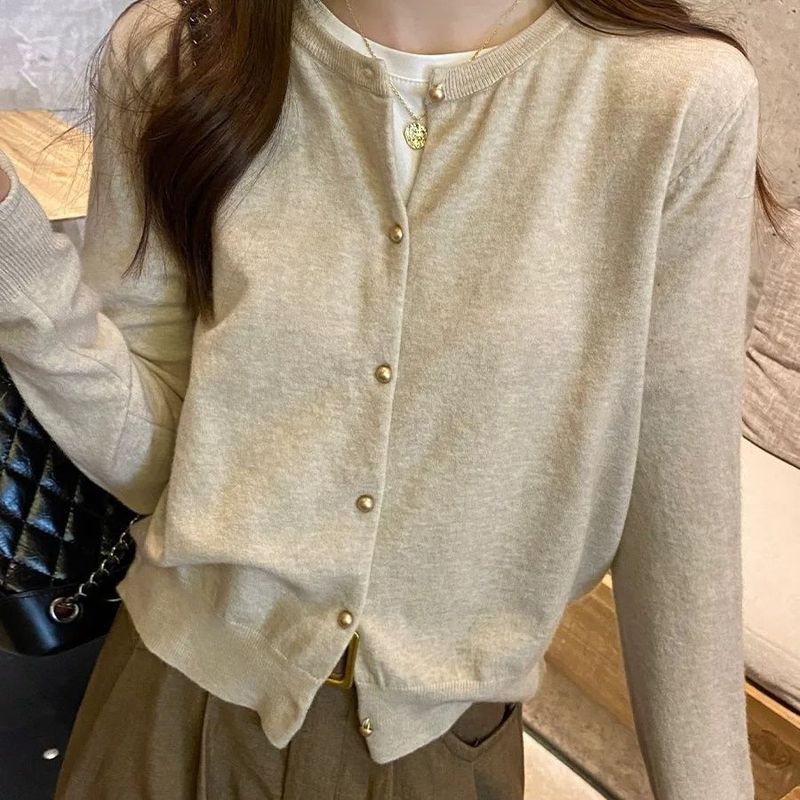 girl Korean Style Knitted Cardigan For Women, Autumn New Outerwear Sweater, Short Slim Fit Inner Layer Base Shirt Top_voghion.com