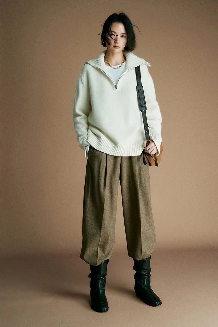 25 Autumn Winter Lazy Wool Women Half Zipper Turn-down Collar Sweater New Thickened Niche Knitted Top Loose Fit_voghion.com