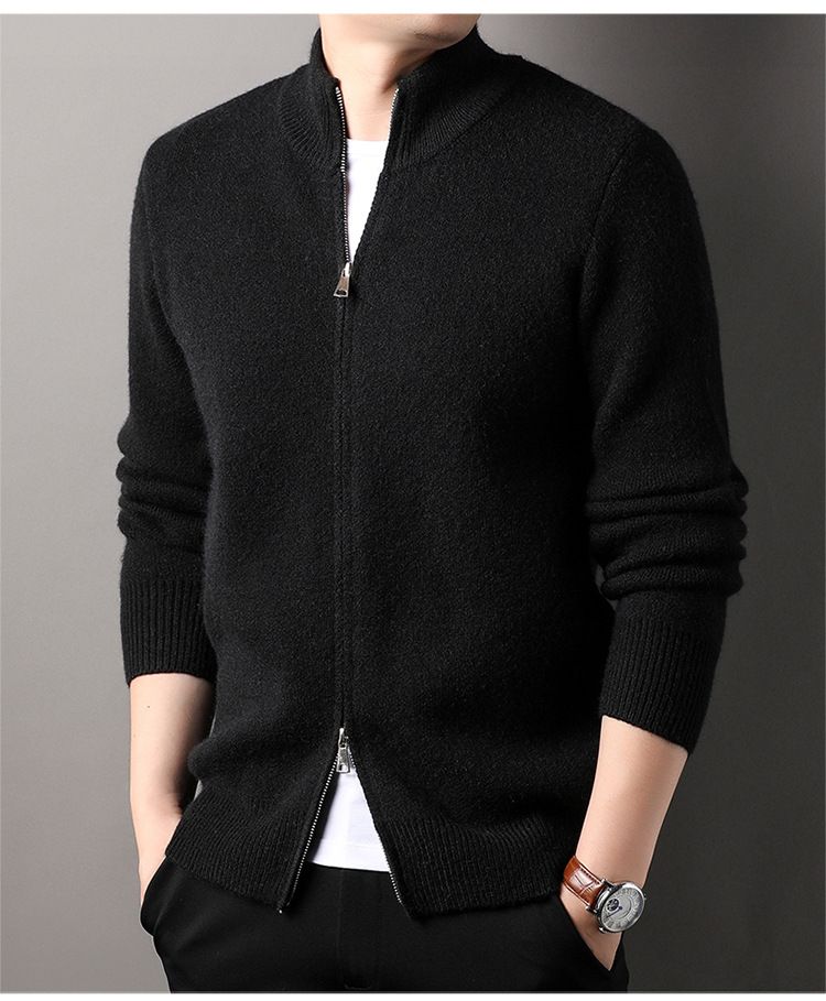 Herrenbekleidung Herren-Strickjacke mit Stehkragen und Reißverschluss – Minimalistische Strickpulloverjacke (Creme/Grau/Schwarz, M-XXXL)_voghion.com