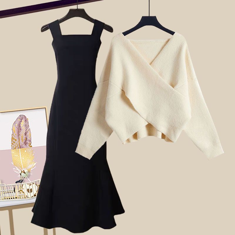 Ensemble 2 pièces élégant pull croisé et robe noire amincissante – Tenue printanière polyvalente pour femme (plusieurs coloris disponibles)_voghion.com