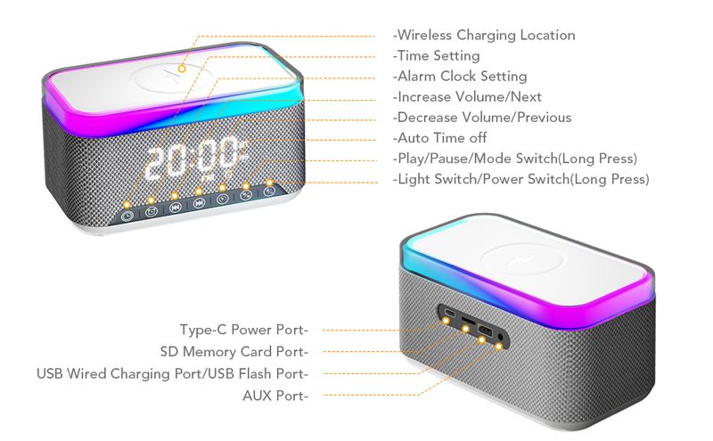 Wecker Soundmaschinn Kabellos Ladegerät, Wäiss Geräischmaschinn mat Bluetooth Lautsprecher, Digital Wecker fir Schlofkummer, Nuetsliicht FM Radio_voghion.com