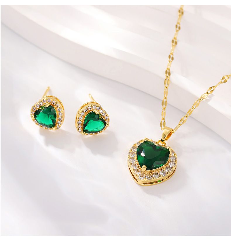 Conjunto de pendientes de circonita con forma de corazón brillante, joyería con colgante de corazón y piedras preciosas, conjunto de joyería_voghion.com