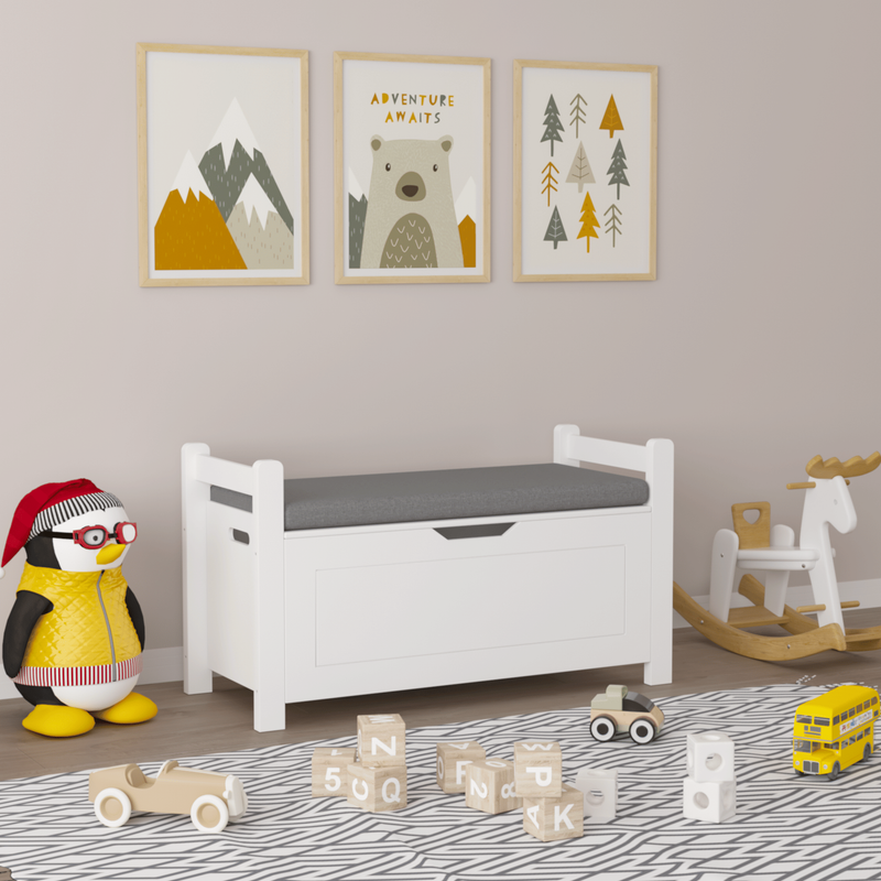 Kids Toy Box Chest, White Rubber Wood Toy Box For Boys Girls, Large Storage Cabinet With Cushion Seat Bench/Flip-Top Lid/Safety Hinge, Toy Storage Organizer Trunk For Nursery, Playroom_voghion.com