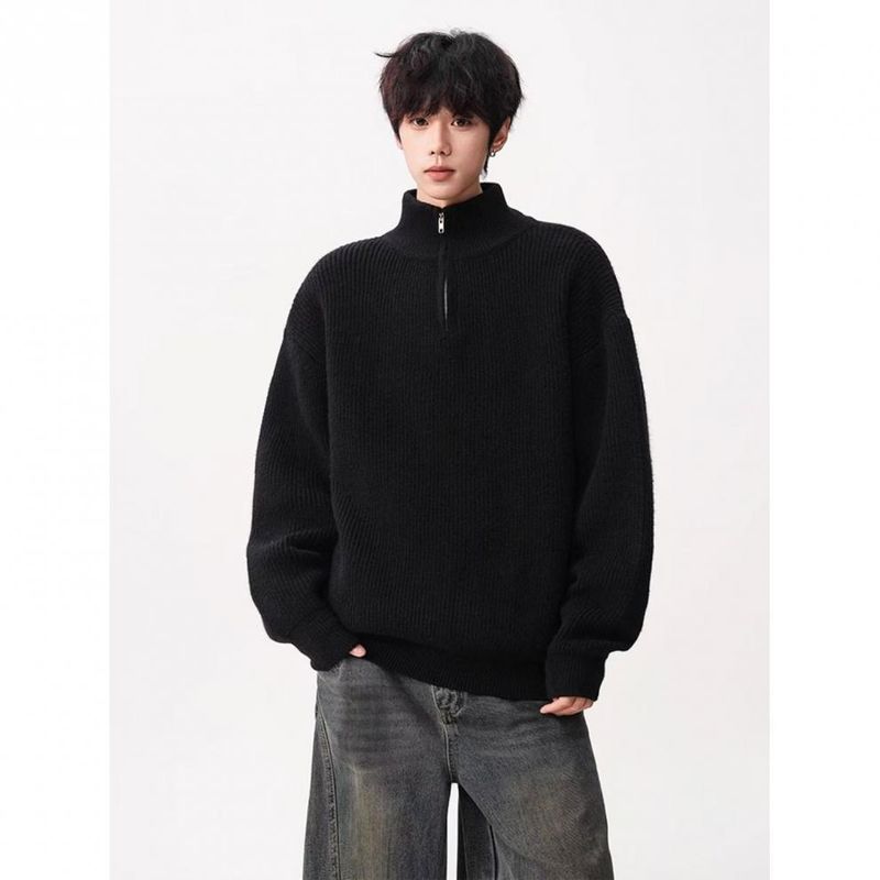 Half Zip Stand Up Collar Sweater For Men, Loose And Simple Knit Sweater, Solid Color Pullover_voghion.com