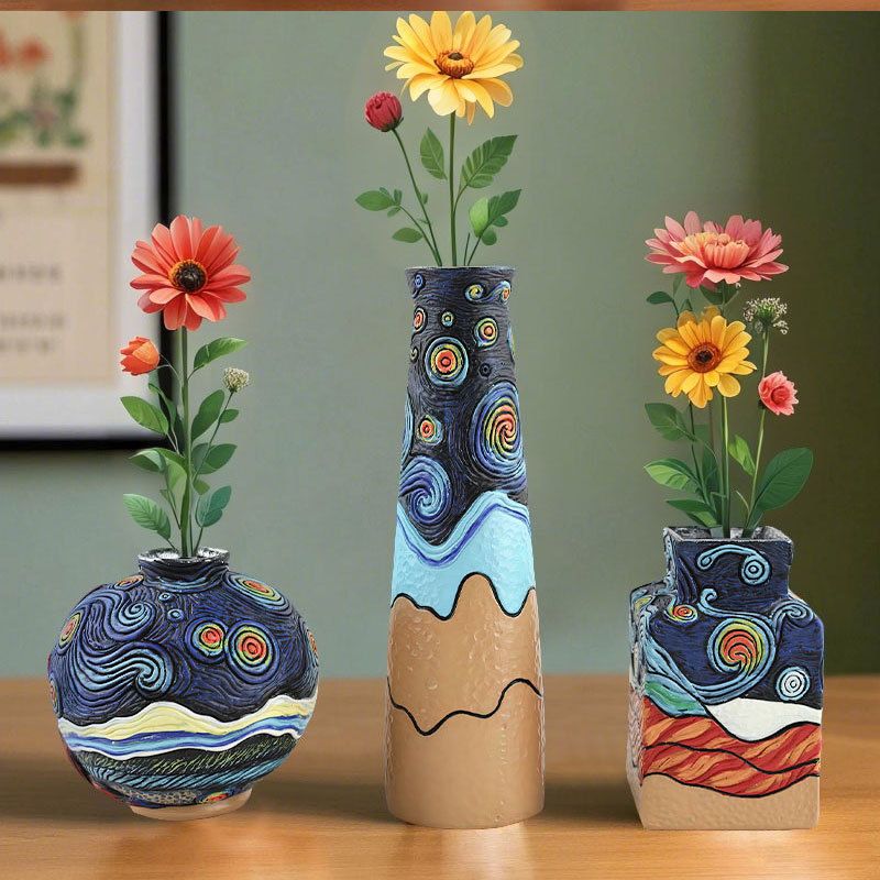 Vaso de resina de 3 peças com inspiração artística de Van Gogh, decoração para mesa e arranjo de flores, noite estrelada, mais vendido no exterior_voghion.com
