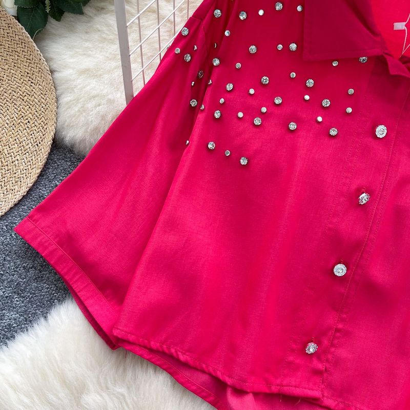 Damenbekleidung Damen Freizeitbluse mit plissierten Laternenärmeln, entspannte Passform, vielseitiges Polokragenhemd für Arbeit und Alltag, Freizeitbluse_voghion.com