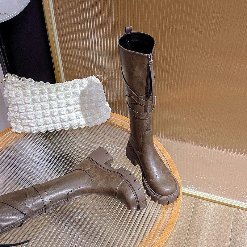 Damenschuhe Maillard-Stil neue lange Stiefel für Damen Herbst- und Winterstil Internet-Berühmtheit dickbesohlte, flache, hohe Ritterstiefel mit Röhre_voghion.com