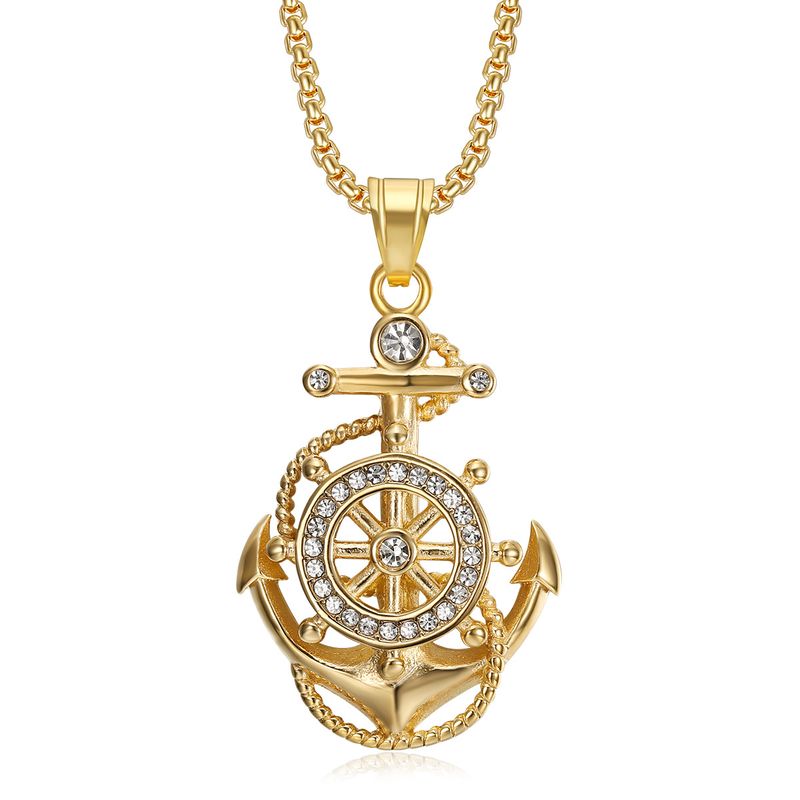 New Hip Hop Jewelry Titanium Steel Vacuum Gold Plated Diamond Set Anchor Pendant Necklace_voghion.com
