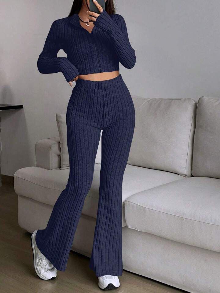 Fashion Solid Color Ribbed Two Piece Set Zipper Long Sleeve Crop Top And High Waist Flared Pants Set Women's Casual_voghion.com