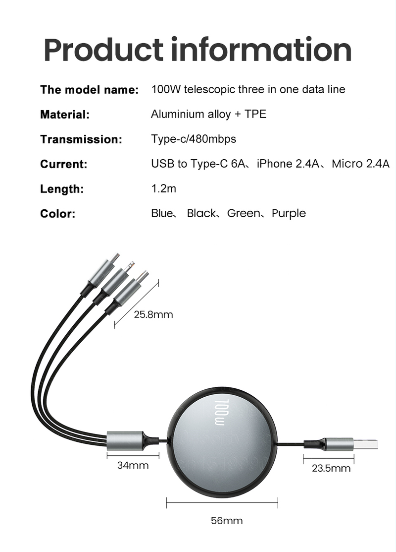 100W 6A 3 az 1-ben 2 az 1-ben gyors USB kábel Huawei/Honor készülékekhez, visszahúzható, hordozható 3 az 1-ben Micro USB C típusú töltőkábel F_voghion.com