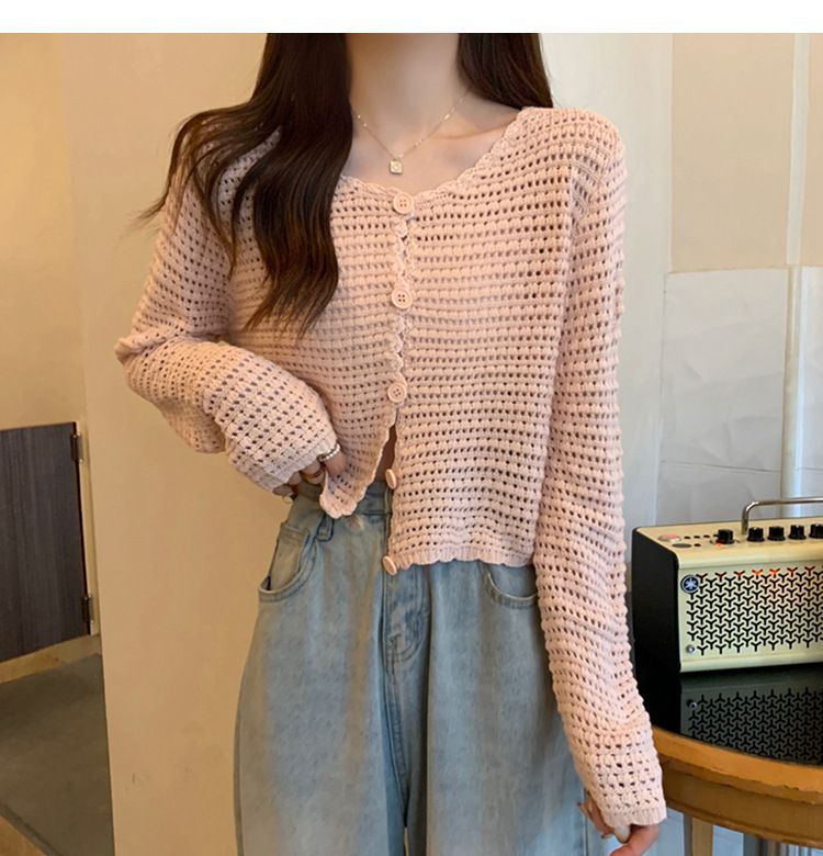 2024 Summer New Hollow Cardigan Women's Long Sleeve Outer Sunscreen Mesh Knitted Small Cover Coat Short Top_voghion.com