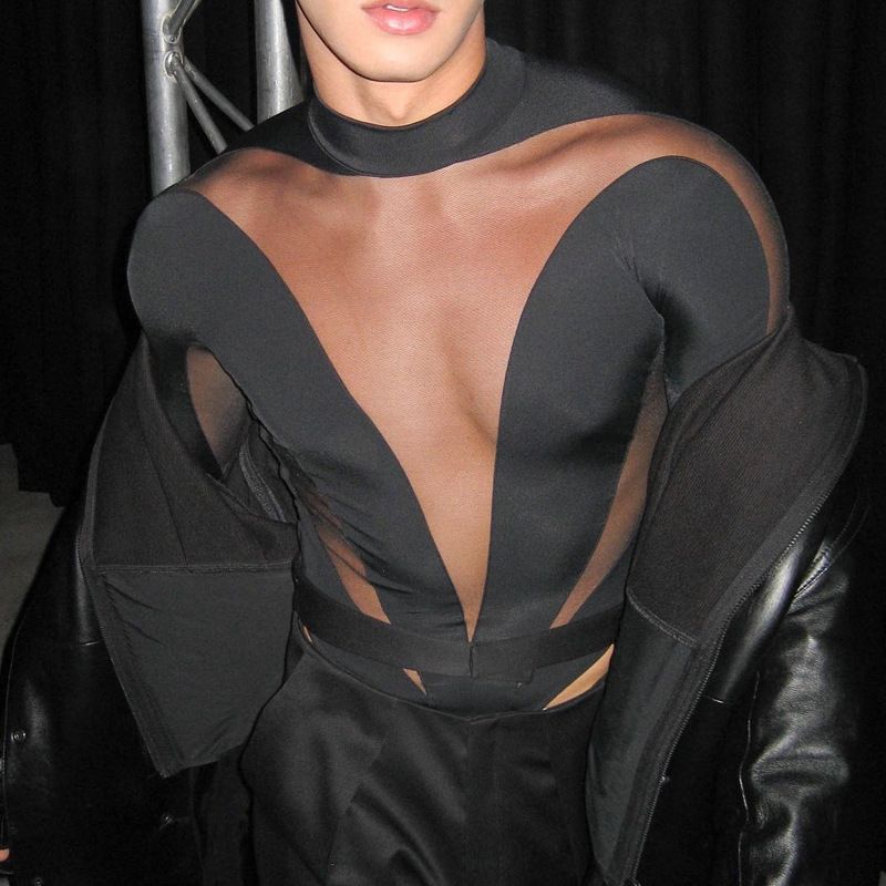 Abbigliamento maschile nuovo stile giunture sexy abbigliamento maschile maglia a maniche lunghe T-shirt slim uomo prospettiva divertente tuta uomo_voghion.com