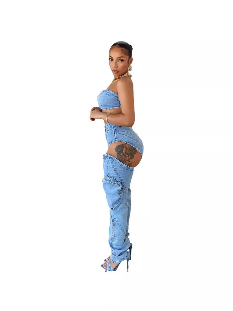 Dammekleeder Sexy Broschtwéckel Récklos Top Perséinlechkeet Héich Taille Split Reißverschluss Jeans Zwee-Stéck Set_voghion.com