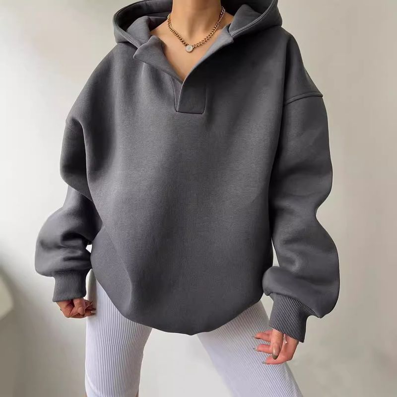 Women's Clothing Sweatshirt Solid Color Long Sleeve Hooded Solid Color Loose Sweater Women's Top_voghion.com