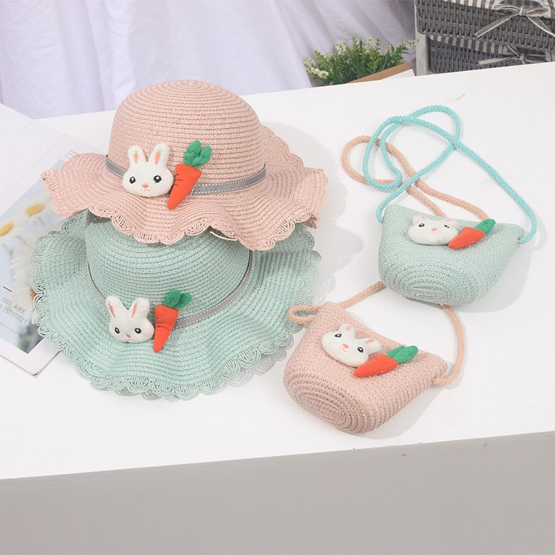 Piccolo set di cappelli da spiaggia con ombrellone in paglia per bambini e bambine, con bordo ondulato fresco_voghion.com