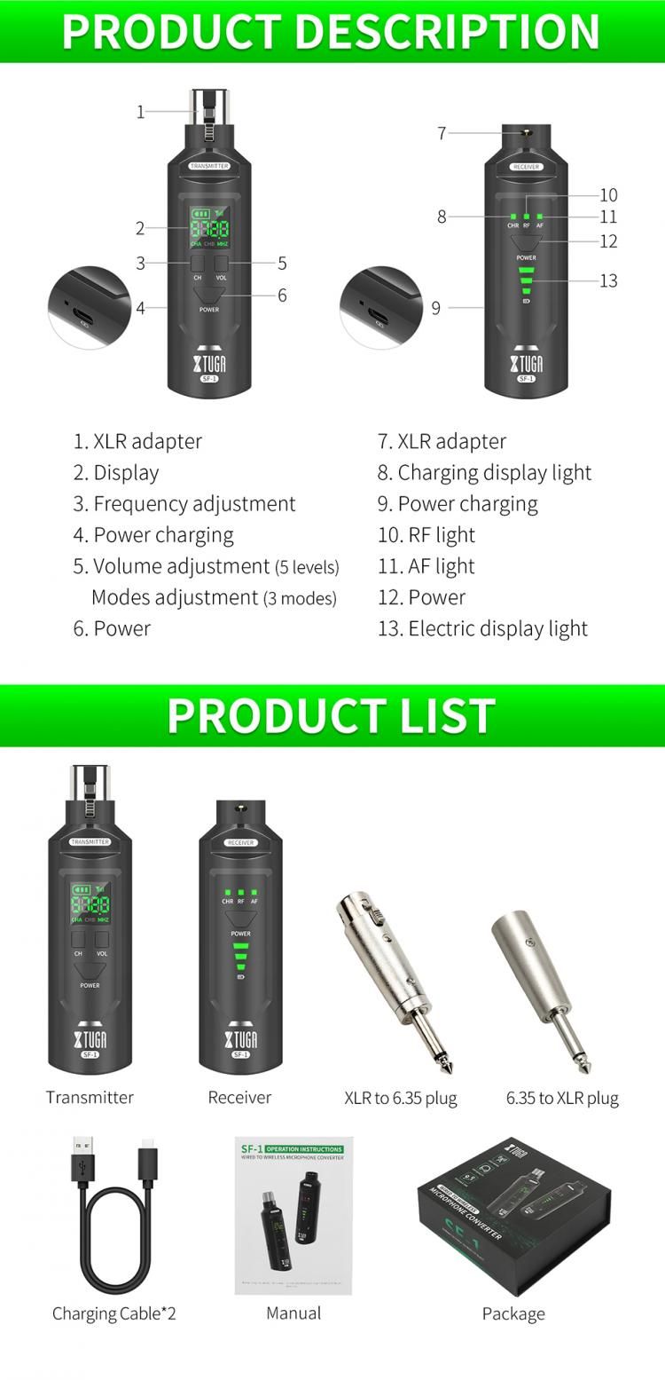 XTUGA SF-1 UHF Professional Wireless Converter XLR Rechargeable Transmitter Receiver For Dynamic/Condenser Microphone_voghion.com