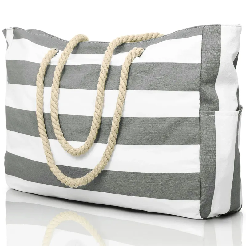 Striped Zipper Outer Bag For Outdoor Travel Vacation Waterproof And Sand Resistant Canvas Convenient Folding Beach_voghion.com