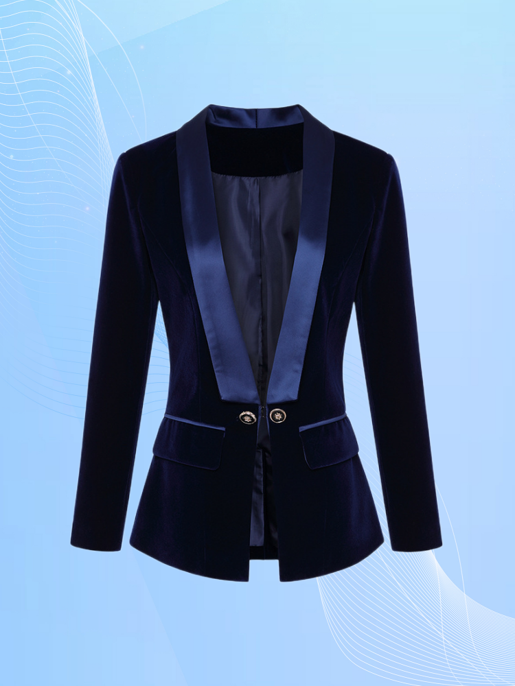 Dunkelblau Schwarz Blazer Frauen Frühling Herbst Langarm Veet Mäntel Schal Kragen Single Button Blazer Frauen Jacke Mantel_voghion.com
