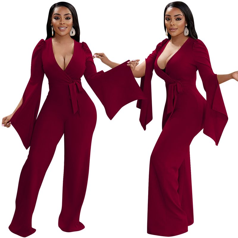 Dametøj nyt produkt ensfarvet sexet dyb V-rem plisseret brede ærmer lange bukser jumpsuit til kvinder_voghion.com