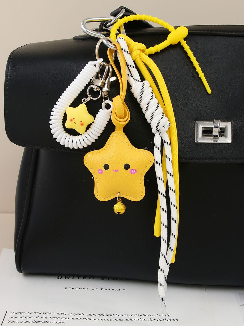 Happy Smiley Star Keychain - PU Leather 3D Pendant With Braided Rope For Bags, Backpacks & Keys (Yellow)_voghion.com