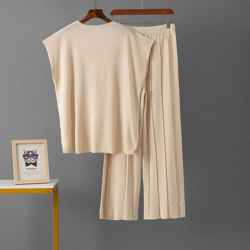 Damenbekleidung, gestrickter Freizeitanzug, ärmellose Weste, Pullover, Hose mit weitem Bein, zweiteiliger Anzug_voghion.com