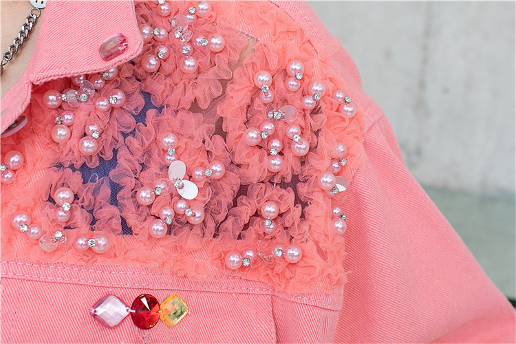 QING MO Damer Heavy Industry Paljetter Kappa Lös Mellanlängd Färg Diamanter Bead Splicing Mesh Denim Coat 2023 Höst_voghion.com