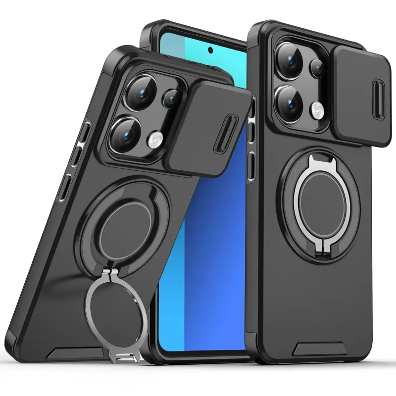 Capa magnética à prova de choque para Redmi Poco X6 Pro Slide Camera Lens 360° Metal Ring Stand Protect Cover para Redmi 13 K70E Case_voghion.com