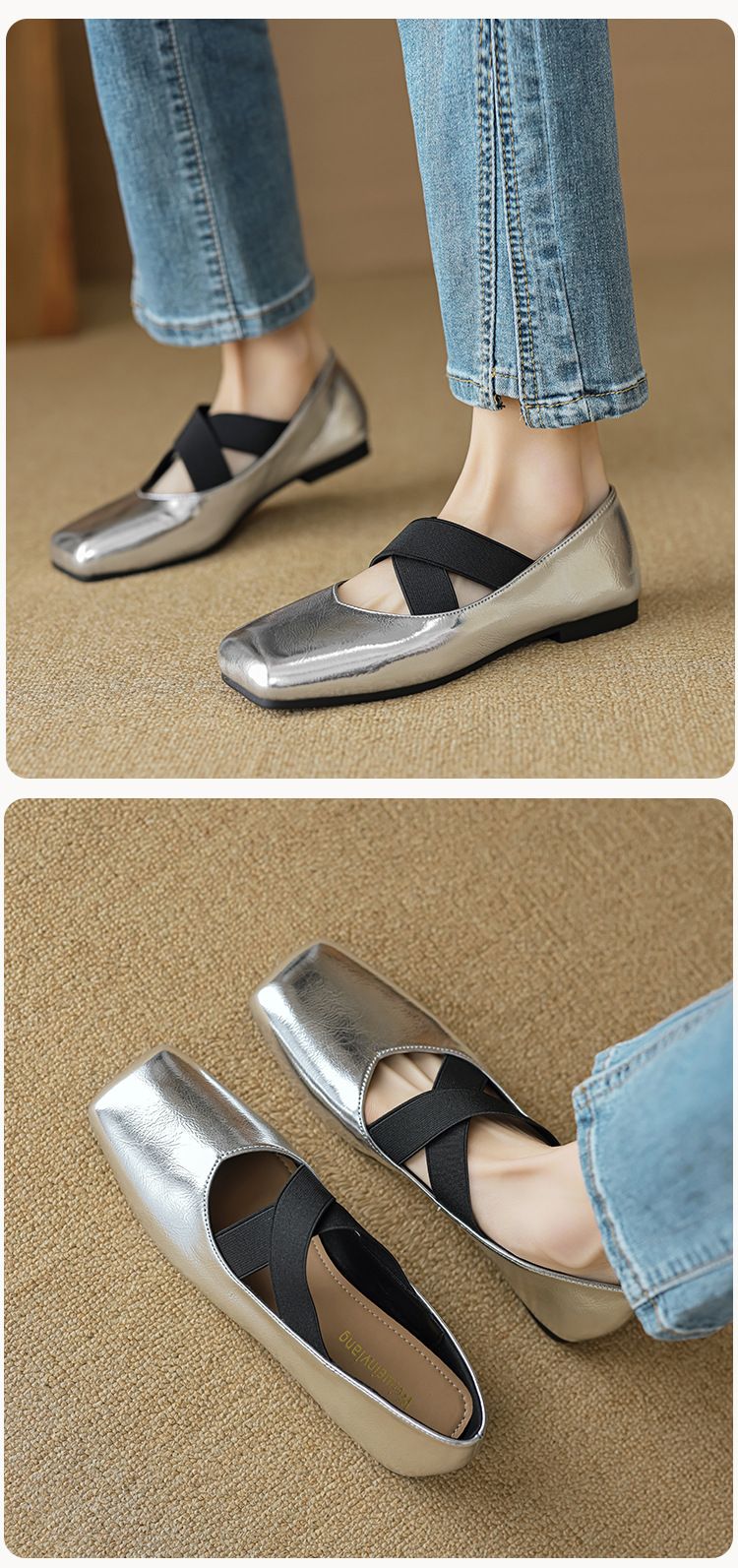 Silver Ballet Shoes Women's Light Mouth Vintage Cross Strap Square Head Single Shoes Women's Soft Sole_voghion.com