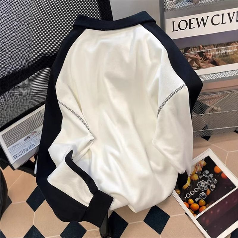 Half Zip Hoodie Paar Retro Trendy Marke Schwarz und Weiß Kontrastierendes Oberhemd_voghion.com