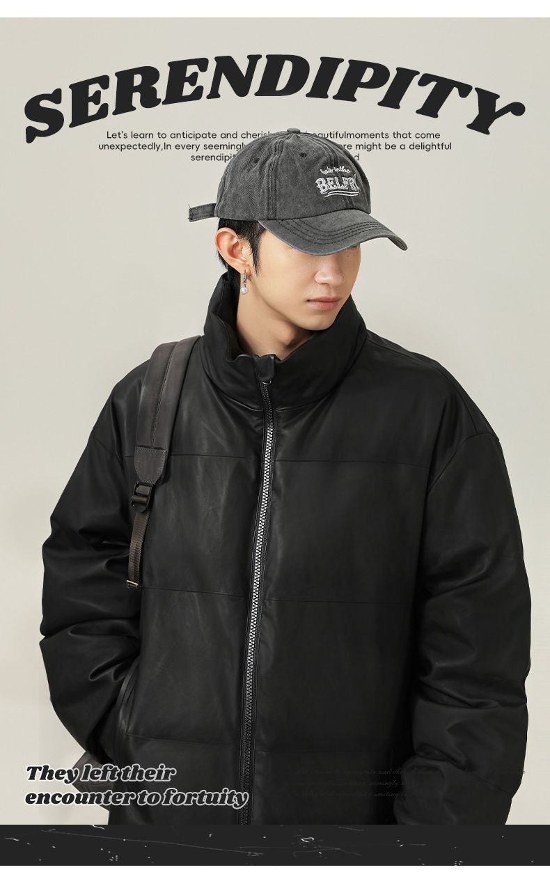 Kurze PU-Pufferjacke für Herren, Steppmantel mit Stehkragen für den Winter, übergroßer Streetwear-Bomber mit Seitentaschen, leicht und dennoch warm, Unisex-Oberbekleidung_voghion.com