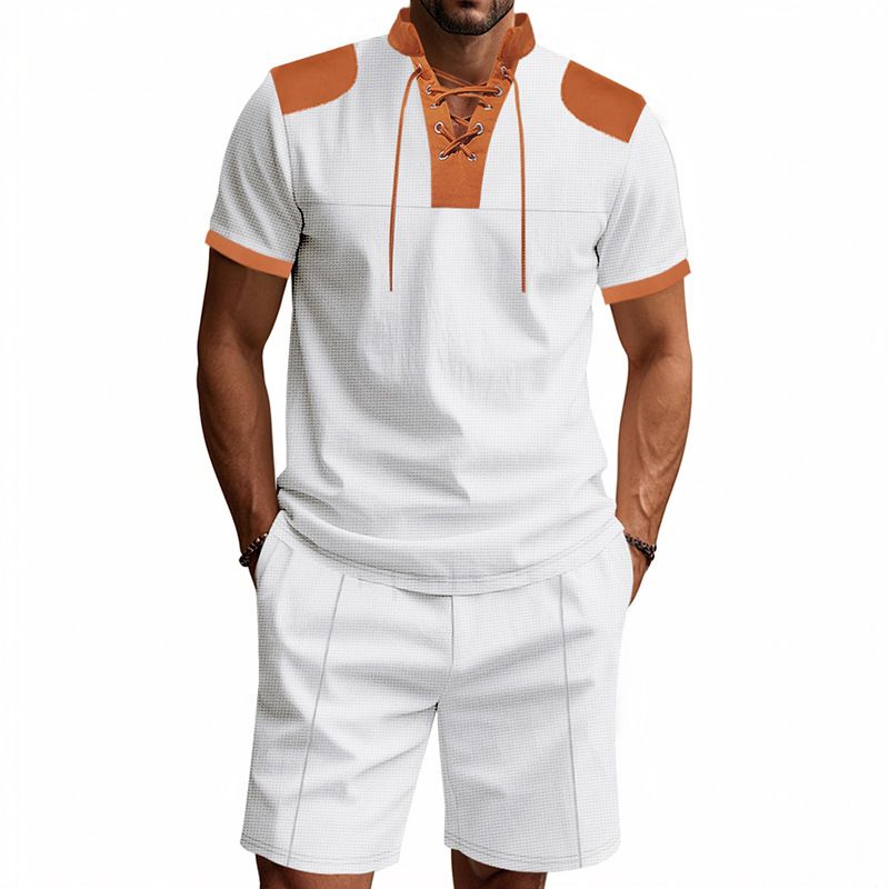 Traje de verano para hombre, estilo waffle, informal, con corbata, camisa Henley, pantalones cortos de manga corta_voghion.com