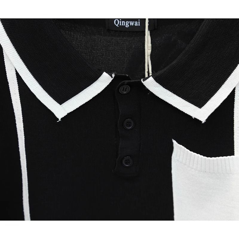 Pánské oblečení Lehké luxusní retro high-end barevně sladěné kapsy s krátkým rukávem Polo pánské letní tenké úzké klopové pruhované tričko s polovičním rukávem_voghion.com