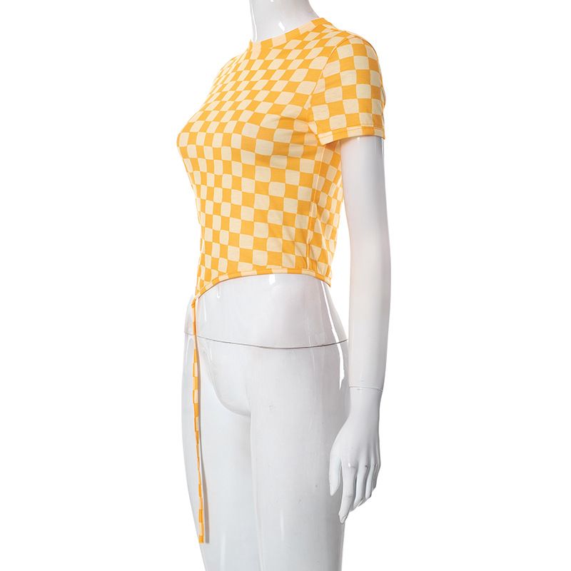 Q23TP238 Top asimétrico con lazo lateral a cuadros amarillos irregulares para verano, nuevo_voghion.com