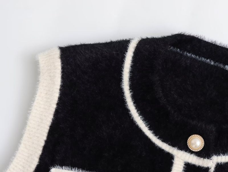 Women's small fragrance color contrast round neck knitted vest_voghion.com