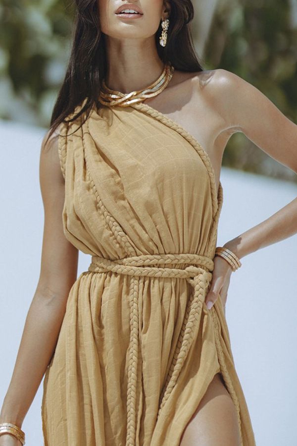 Damenbekleidung Mode Neue Strandurlaub Seil Einfarbig Kleid Bluse_voghion.com