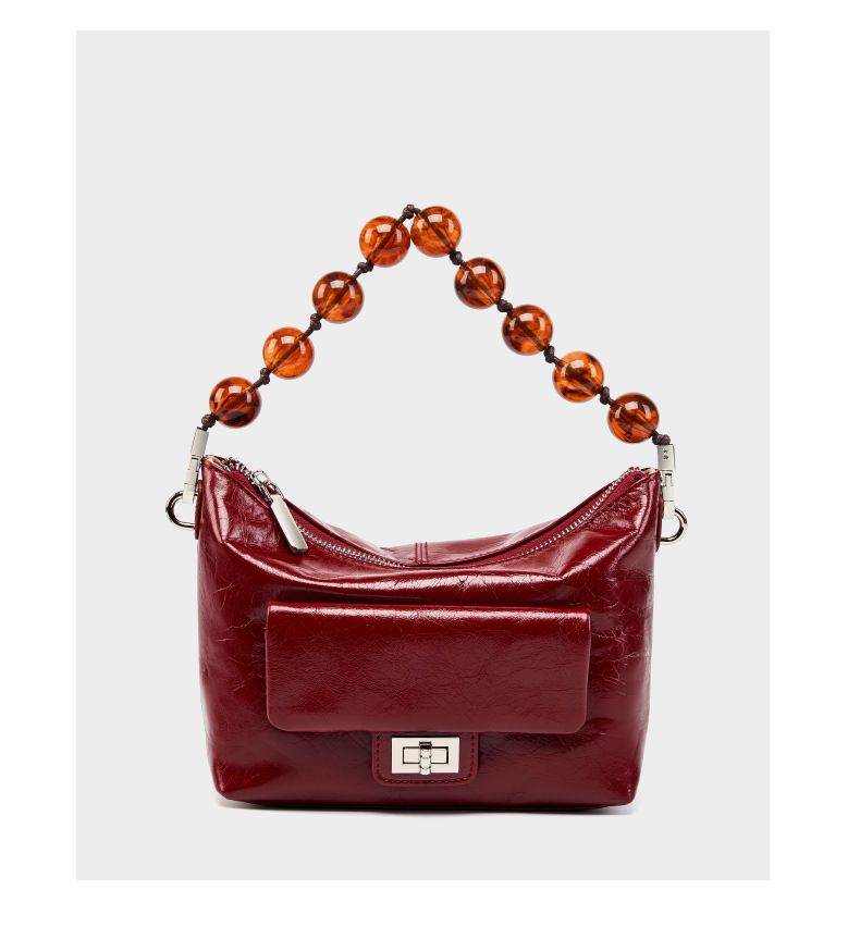 Borsa a tracolla e a spalla con catena di perline - Borsa a mano pieghevole in pelle cerata retrò (borsa tote alla moda da donna, design vintage stropicciato)_voghion.com