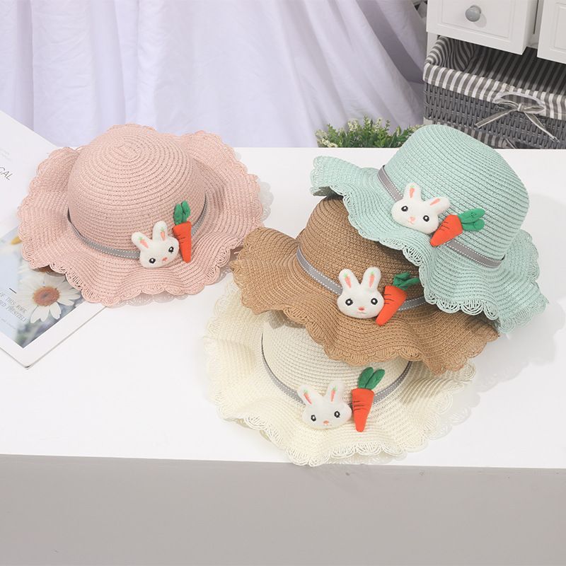 Piccolo set di cappelli da spiaggia con ombrellone in paglia per bambini e bambine, con bordo ondulato fresco_voghion.com