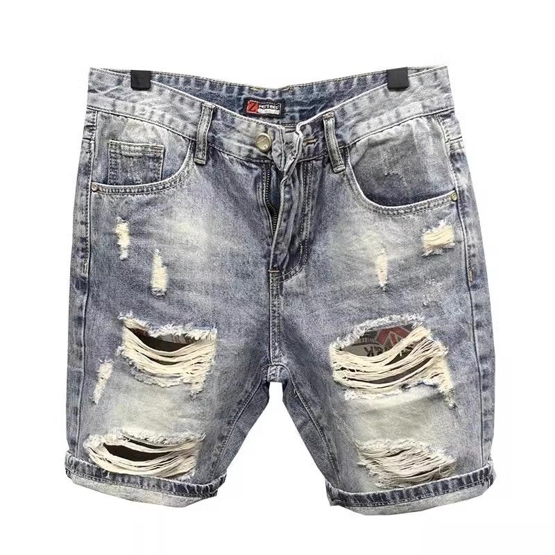 Ripped Denim For Men Summer Thin Stretch Large Size Slim Straight Youth Five-Point Mid-Length Casual Shorts_voghion.com