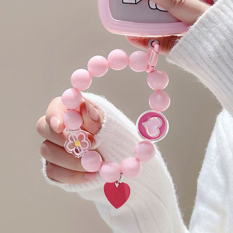 Love Heart Flower Mobile Phone Lanyard Short Wrist Strap Bracelet Beads Handmade Pendant Phone Charms Anti-lost Keychain Cord_voghion.com