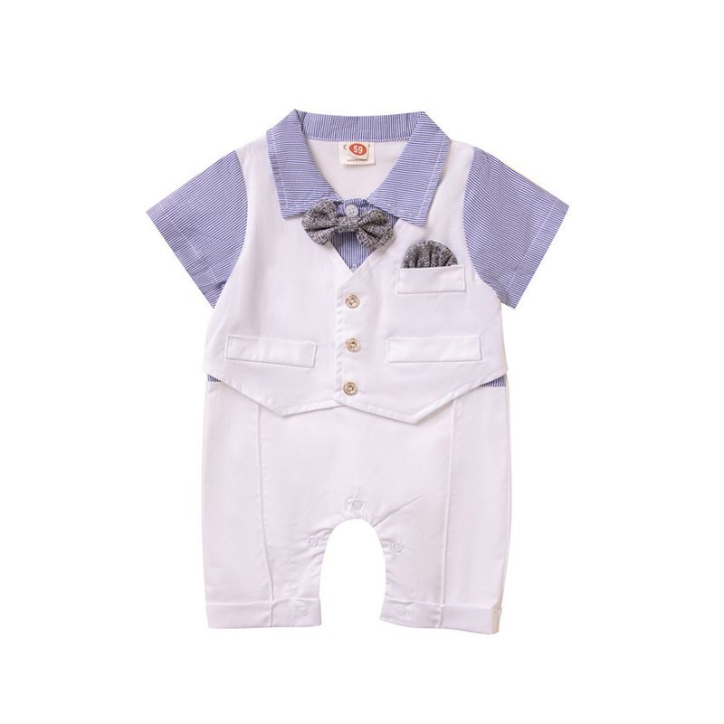 SAMGAMI BABY Ensemble trois pièces pour garçon, version coréenne, barboteuse à manches courtes, gilet et chapeau, blanc, nœud papillon, bretelles_voghion.com