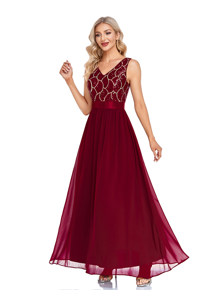 Vestido De noche De chifón De corte A con escote en V para mujer, sin mangas, Formal, De ocasión, largo, con flores De lentejuelas, color burdeos, vestidos De Soriee_voghion.com